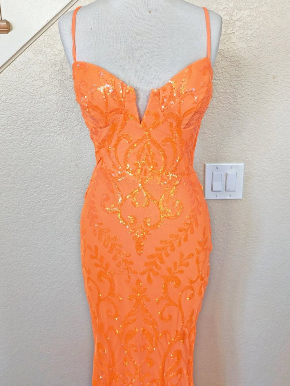 Neon Orange Sequined Formal Dress 0